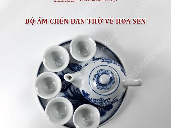 Bộ ấm Chén Ban Thờ Men Lam Bát Tràng Cao Cấp Vẽ Hoạ Tiết Hoa Sen | Đồ Thờ Sứ Bát Tràng