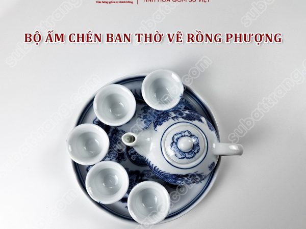 Bộ ấm Chén Ban Thờ Men Lam Bát Tràng Cao Cấp Vẽ Hoạ Tiết Rồng Phượng | Đồ Thờ Sứ Bát Tràng