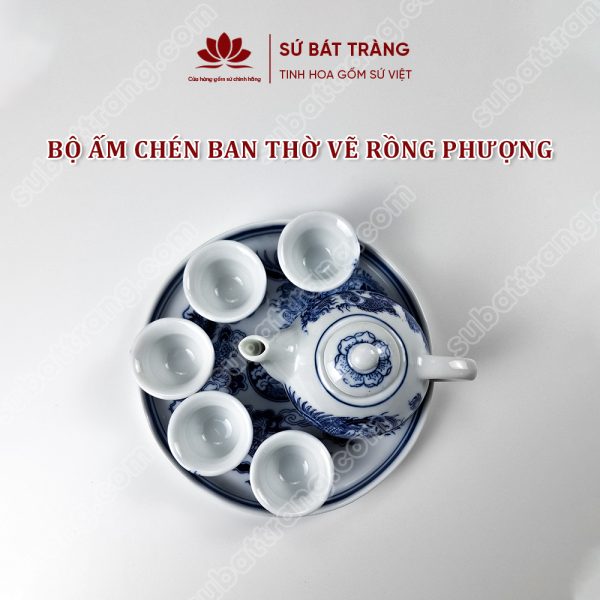 Bộ ấm Chén Ban Thờ Men Lam Bát Tràng Cao Cấp Vẽ Hoạ Tiết Rồng Phượng | Đồ Thờ Sứ Bát Tràng