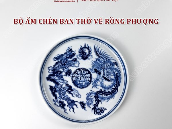 Bộ ấm Chén Ban Thờ Men Lam Bát Tràng Cao Cấp Vẽ Hoạ Tiết Rồng Phượng | Đồ Thờ Sứ Bát Tràng