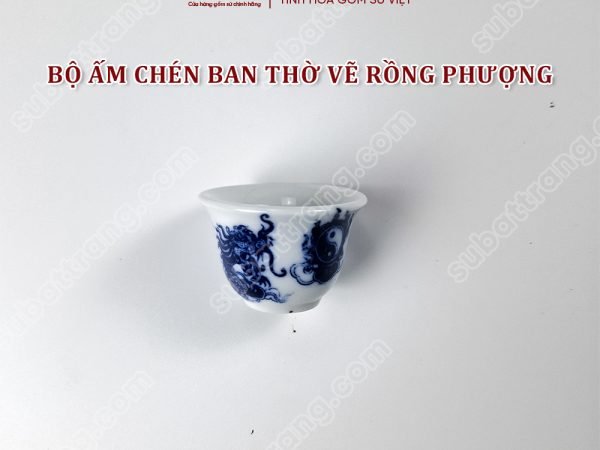 Bộ ấm Chén Ban Thờ Men Lam Bát Tràng Cao Cấp Vẽ Hoạ Tiết Rồng Phượng | Đồ Thờ Sứ Bát Tràng