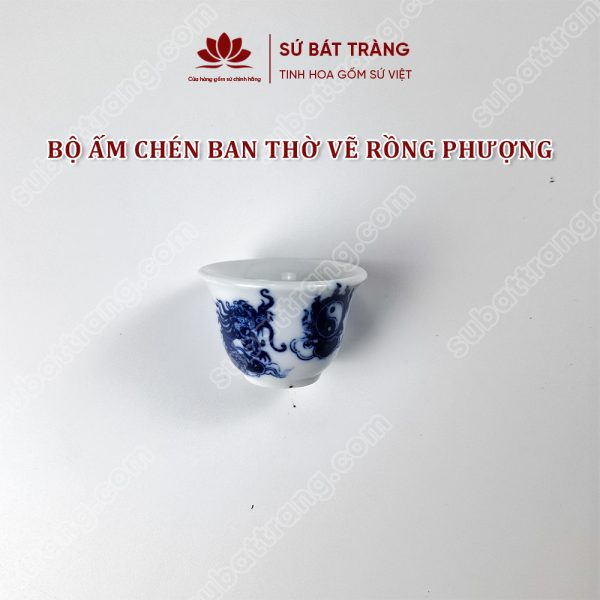 Bộ ấm Chén Ban Thờ Men Lam Bát Tràng Cao Cấp Vẽ Hoạ Tiết Rồng Phượng | Đồ Thờ Sứ Bát Tràng