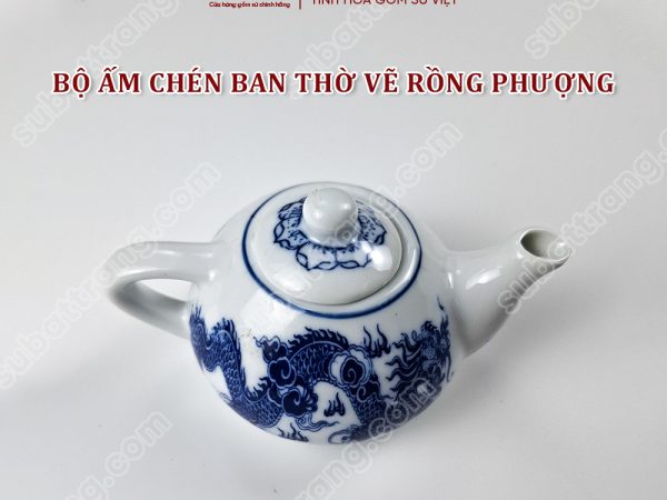 Bộ ấm Chén Ban Thờ Men Lam Bát Tràng Cao Cấp Vẽ Hoạ Tiết Rồng Phượng | Đồ Thờ Sứ Bát Tràng