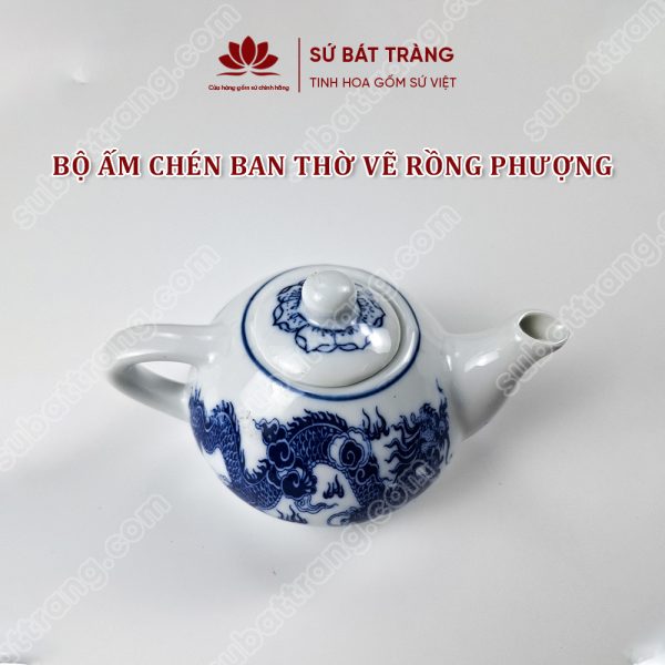 Bộ ấm Chén Ban Thờ Men Lam Bát Tràng Cao Cấp Vẽ Hoạ Tiết Rồng Phượng | Đồ Thờ Sứ Bát Tràng