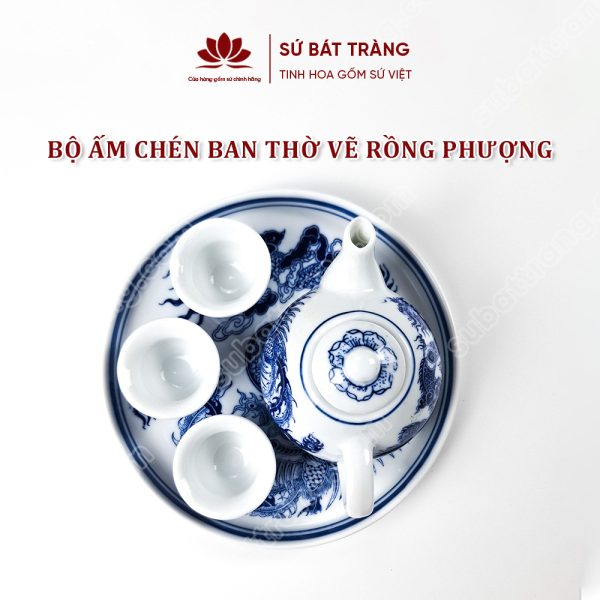 Bộ ấm Chén Ban Thờ Men Lam Bát Tràng Cao Cấp Vẽ Hoạ Tiết Rồng Phượng | Đồ Thờ Sứ Bát Tràng